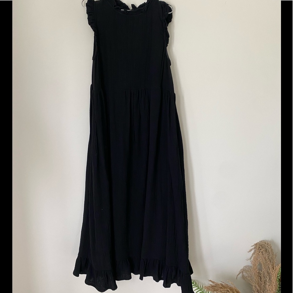 ROOLEE ruffle waffle soft cotton Boho dress. Black sleeveless midi NWT Cottage